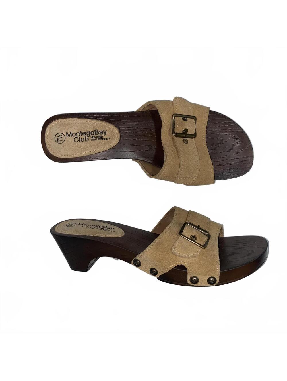 Montego Bay Club Leather Slide Heels Tan Y2K Boho Summer Mules Size 7.5